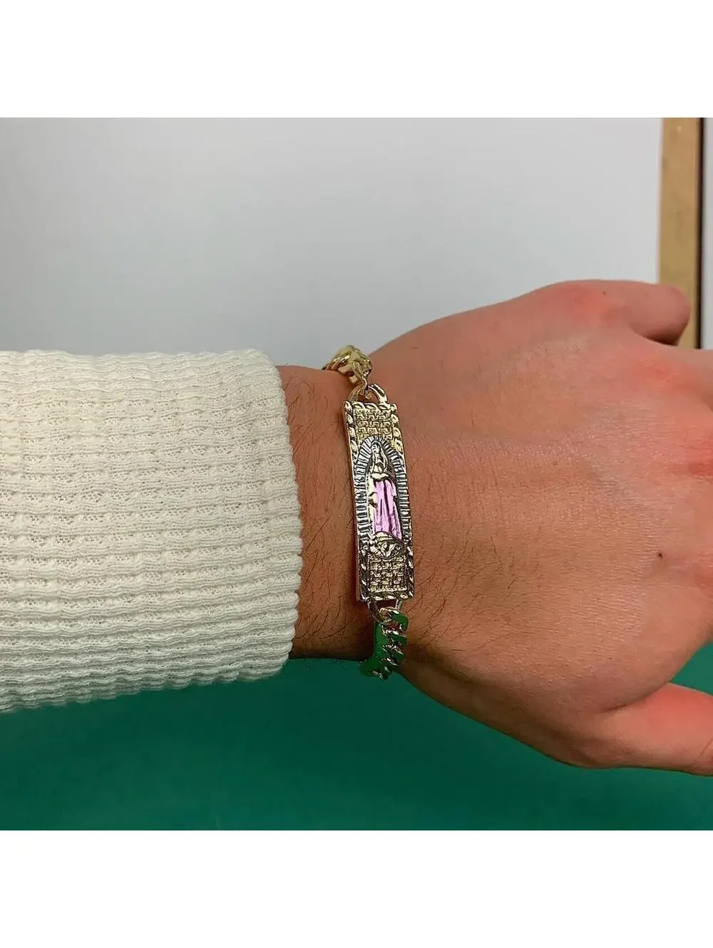 Vintage Y2k Style Gold Saint Marry Pink Pendant Cuban Link Figaro Bracelet.